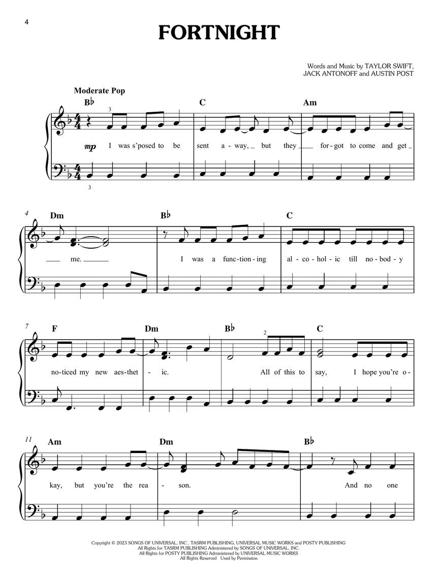 Taylor Swift - The Tortured Poets Department: The Anthology, Easy Piano - Fortnight Sheet Music