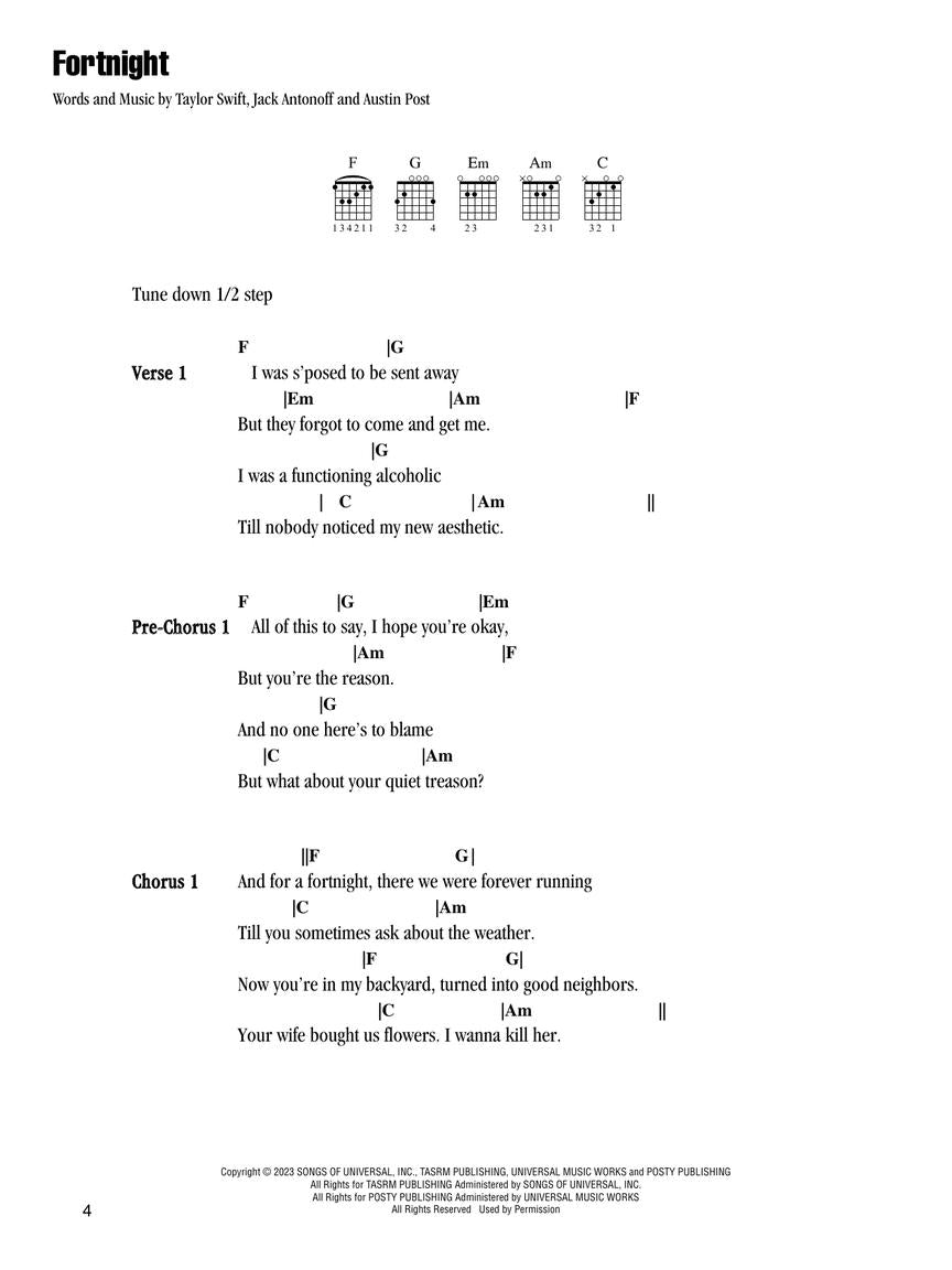 Taylor Swift - The Tortured Poets Department: The Anthology, Guitar Chords & Lyrics - Fortnight